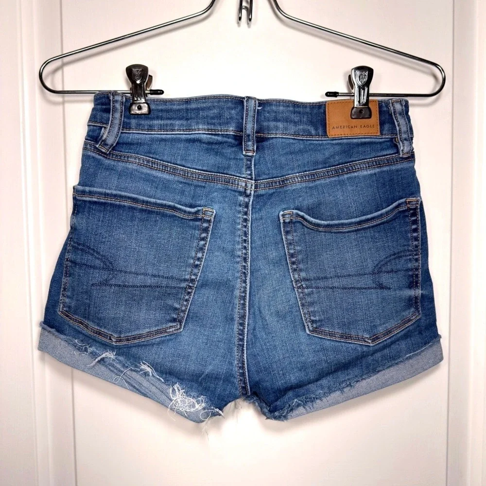 American Eagle High Rise Shortie Denim Shorts Medium Wash Stretch Size 00